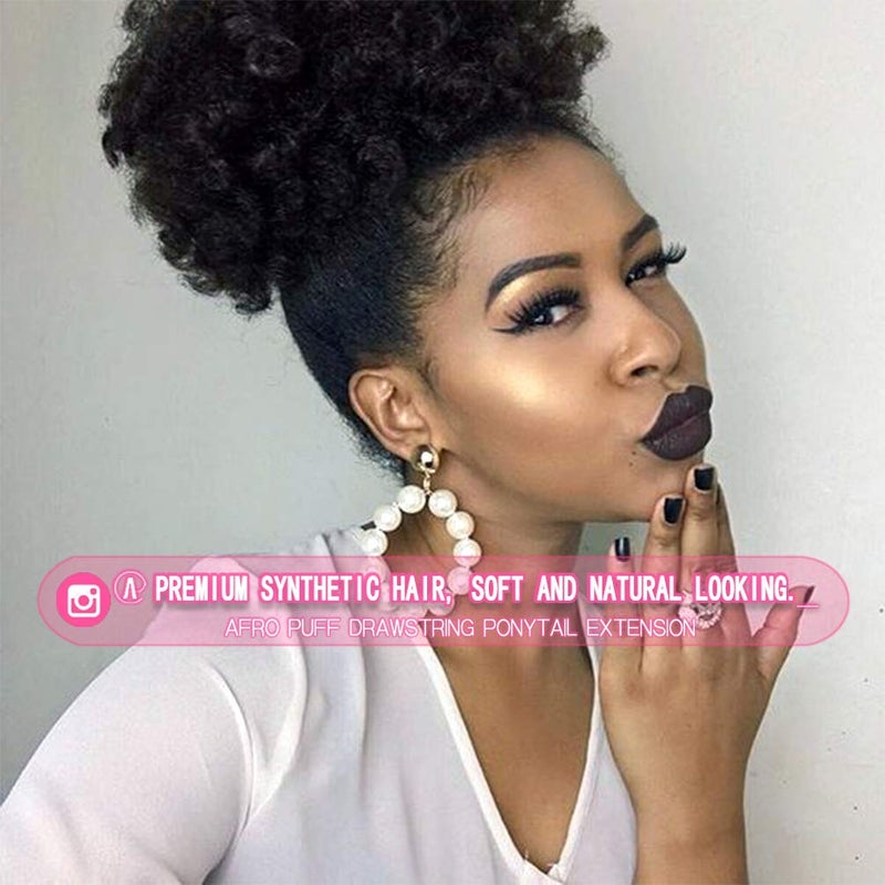 rosmile Afro Puff Drawstring Ponytail Extension for Black Women, Premium Black 1B# 80gram Short Synthetic Afro Puff Ponytail for Natural Hair,Clip On Kinky Drawstring Curly Ponytail Bun - Image 2